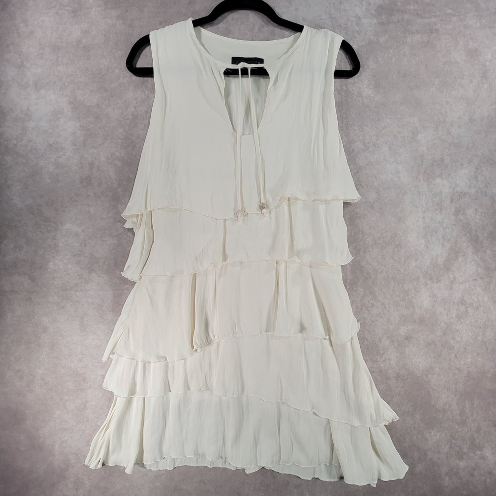 Zara Women Off White Tiered Sleeveless Mini Dress Keyhole Tie Neck Large